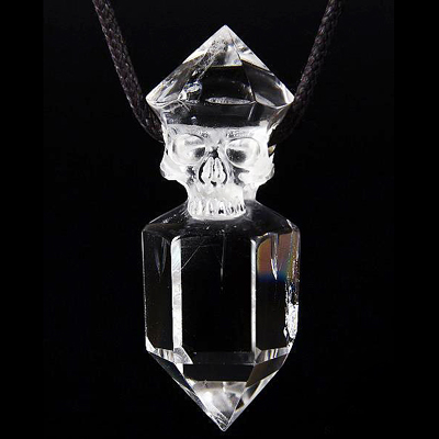 Necklace of Quartz Rock Crystal Double Terminated Carved Crystal Skull Pendant with 925 Sterling Silver Chain